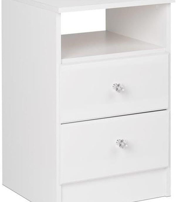 Simplistic Nightstand with 2 Drawers and Open Shelf, Functional Bedside Table with Acrylic Knobs 15.5" D x 16" W x 24.5" H, White,