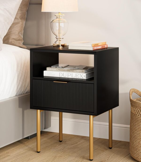 Nightstand,Mid-Century Modern Bedside Table with Storage Drawer and Open Wood Shelf,Small Gold Frame Side Table for Bedroom,Living Room,Black